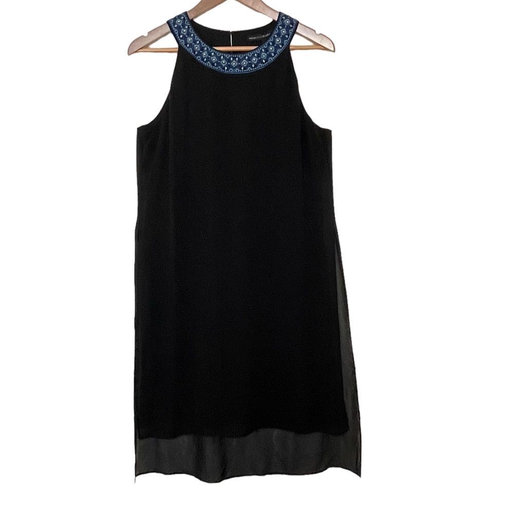NWT White House Black Market Embellished Neck Black w/ Sheer Overlay Dress. 12.